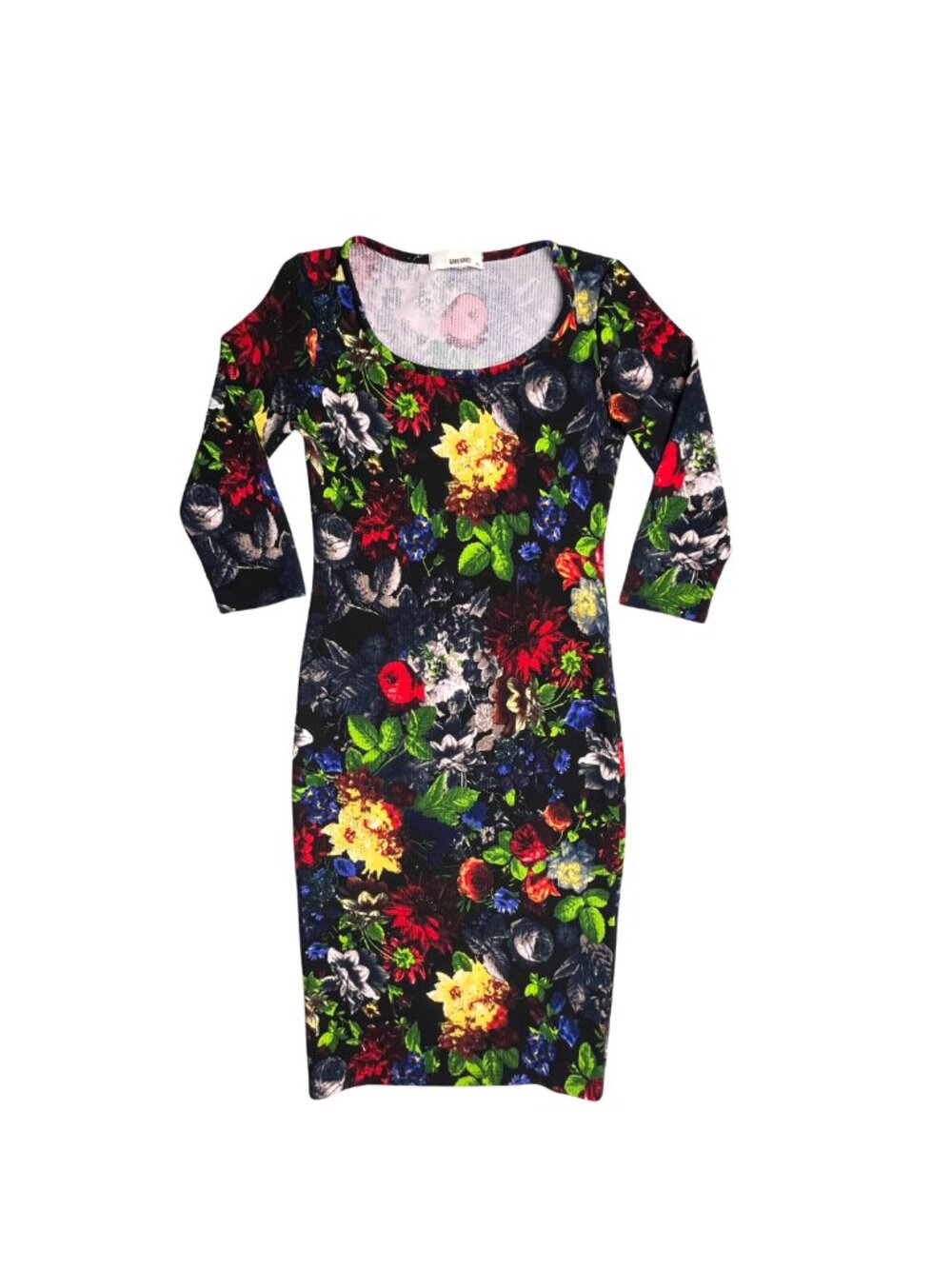 Sans Souci Size S Black Floral Bodycon Midi Dress 3/4 Sleeve